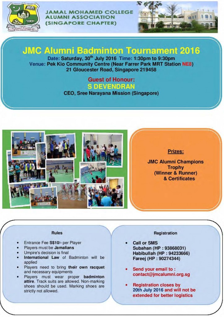 JMC Alumni (Singapore Chapter) Badminton Tournament 30 Jul 2016