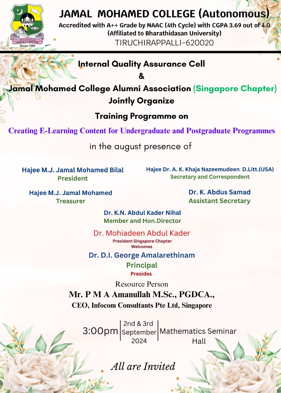 Training Programme : Creating e-Learning Content for UGs/PGs – 2nd & 3rd Sep 2024